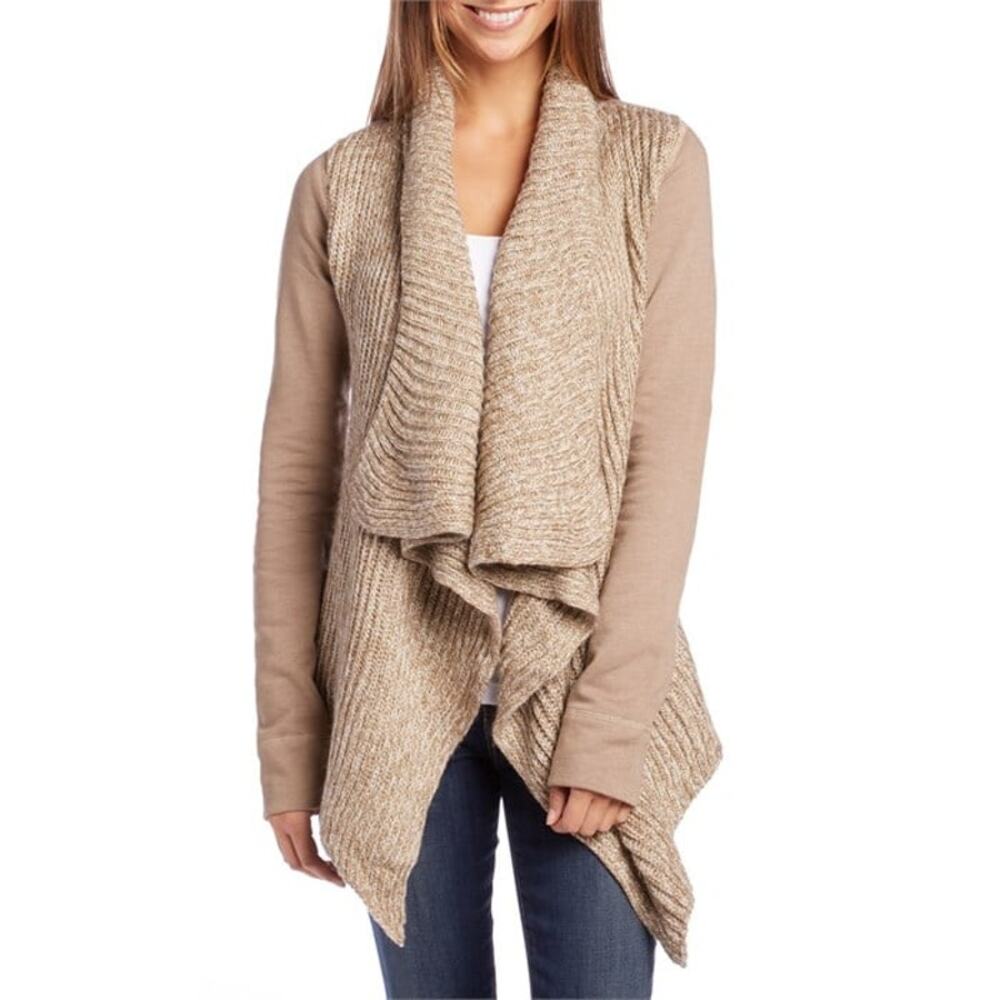 Prana Taupe Draped Open-Front Cardigan with Ribbed Knit Panels